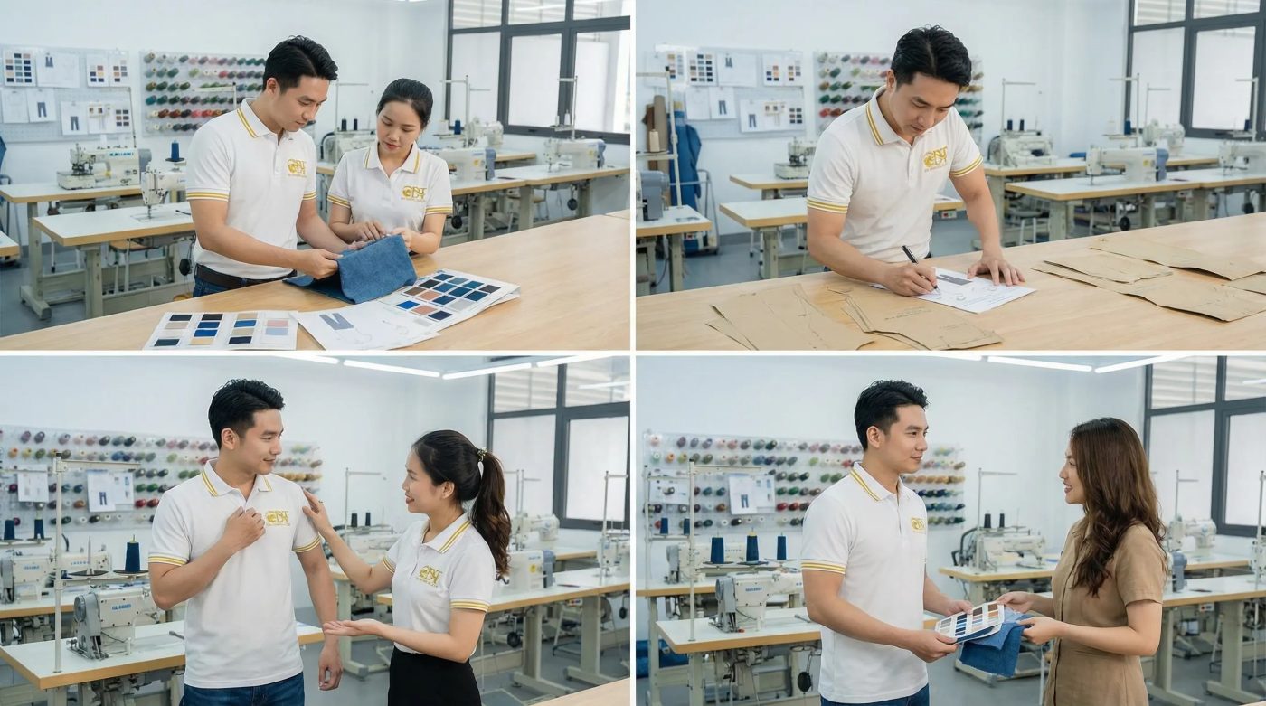 Quy trình may áo khoác đồng phục - May Mặc Đại Thành 3 Quy trình kiểm tra mẫu vải